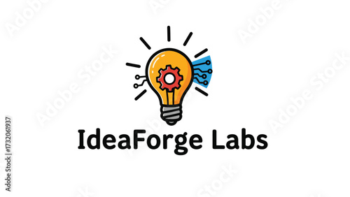 A bright idea symbolized by a glowing lightbulb with gears and circuitry, representing innovation and technological development, alongside the company name "IdeaForge Labs.".