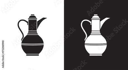 A black and white icon set of a traditional Arabic Dallah coffee pot, shown in positive and negative silhouettes.