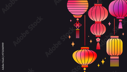 Background with Chinese paper lanterns. Wallpaper for text, greeting banner for New Year or Lantern Festival. Vector template