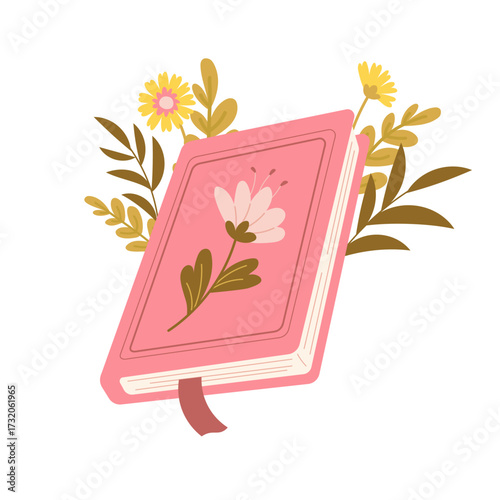 Book with flowers and branches. Flat vector illustration on white background