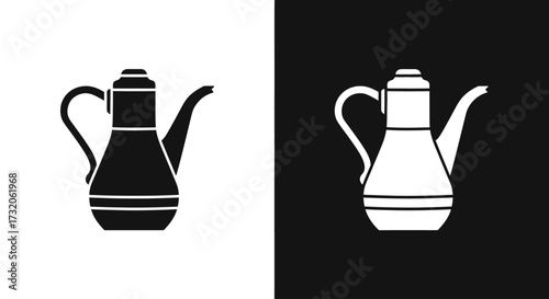 A black and white icon set featuring a traditional Arabic coffee pot, a Dallah, presented in positive and negative space.