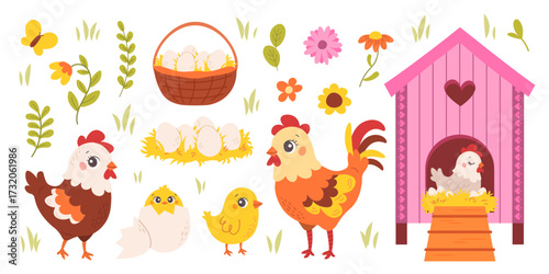 Chicken, rooster, and chick. Farm birds on white background. Kids cartoon characters