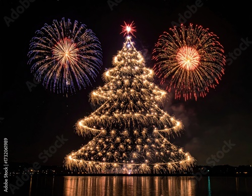 Illuminated Christmas tree, fireworks display over water