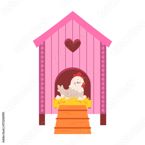 Wooden chicken coop. Vector birdhouse, cartoon flat vector. Cute chicken and straw nest with eggs
