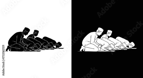 A minimalist black and white illustration of Muslim men in a row performing the Sujud prostration during congregational Salah prayer.