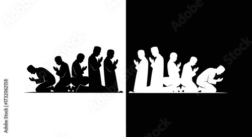 Silhouettes of Muslim men in various prayer positions on contrasting black and white backgrounds.