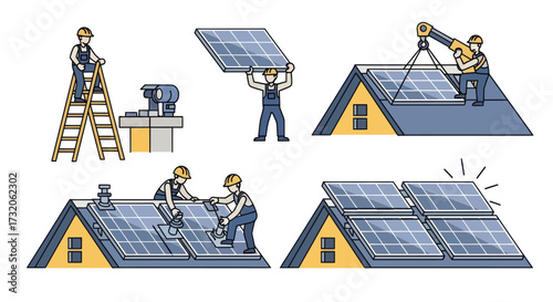 Solar Panel Installation Process on Residential House Roof.