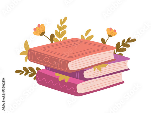Stack of books with branches and flowers. Flat vector style, drawn book on white background