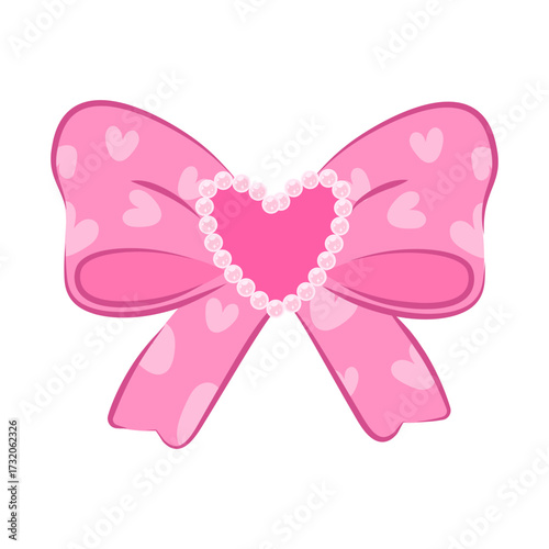 Vintage pink bow with pearls and heart decoration. Vector element in Coquette aesthetic. Coquettecore retro ribbon, cute bow isolated