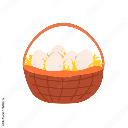 Woven basket with straw and chicken eggs. Vector cartoon flat illustration for toddlers and babies