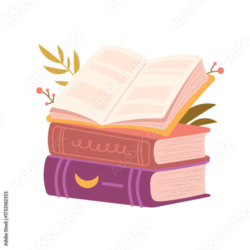 Stack of books and open book with branches. Blooming books, paper sheets with flowers. Flat vector illustration isolated