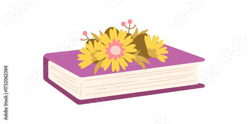 Book with flower composition. Flat vector style, drawn book on white background