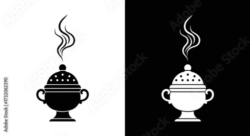 A black and a white icon of a traditional censer or incense burner with smoke curling upwards from the perforated lid.