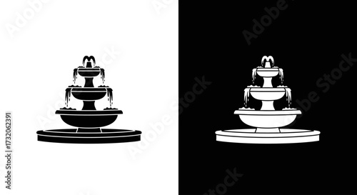 A classic three-tiered water fountain with flowing water, shown as a black silhouette icon and its white negative version.
