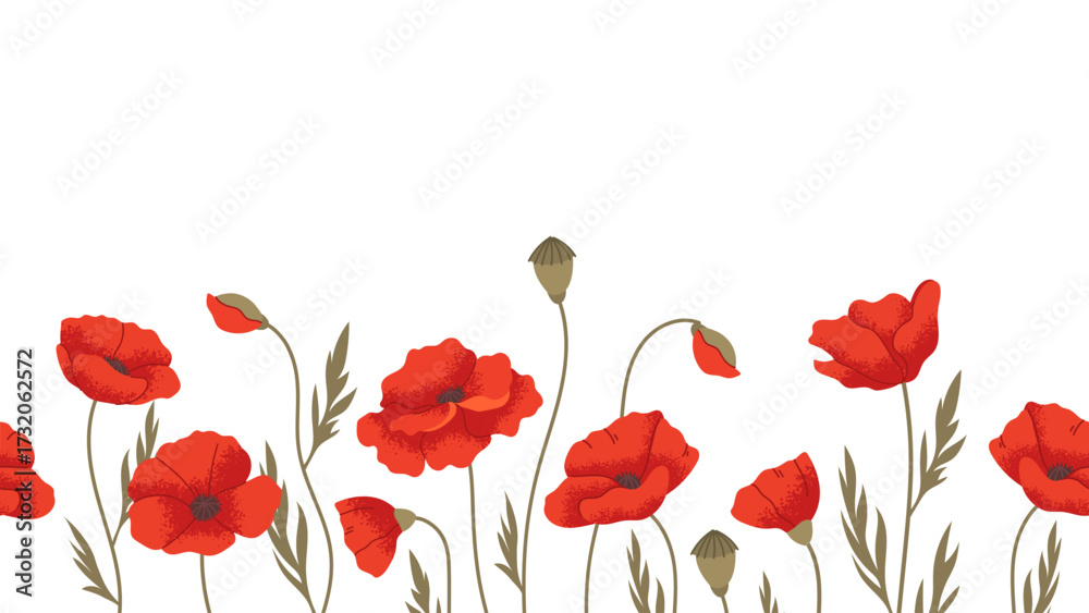Naklejka premium Seamless bottom border with poppies. Wildflowers frame, vector botanical background for design