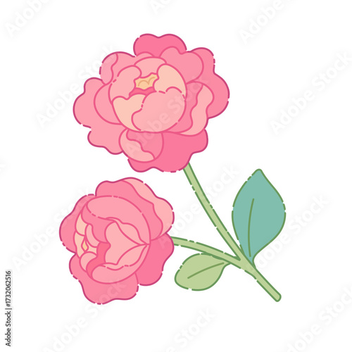 Cartoon peony branch. Cute flower drawn in kawaii Asian style. Vector botanical element on white background