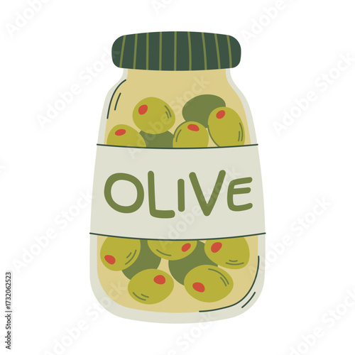 Glass jar with olives. Preserved olives, vegetarian food. flat vector illustration