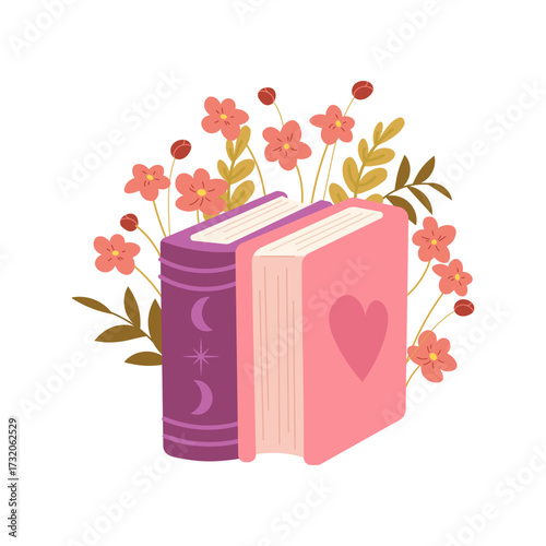 Love story and witch's book, flowering branches from the book. Flat vector illustration on white background