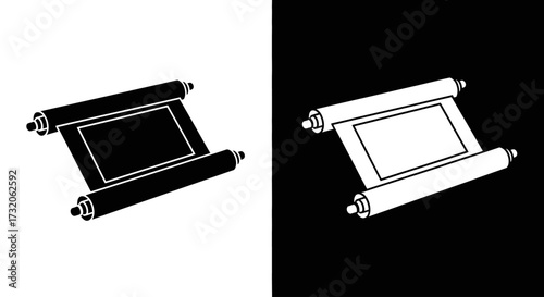 A graphic icon of a partially unrolled ancient scroll, shown in black and white inverse versions.