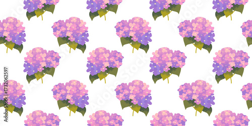 Seamless floral pattern with pink hydrangea branches on white background. Botanical pattern, vector fabric swatch
