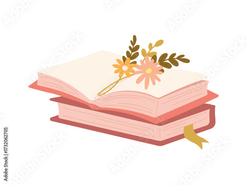 Stack of books and open book with flowers. Blooming books. Flat vector illustration isolated