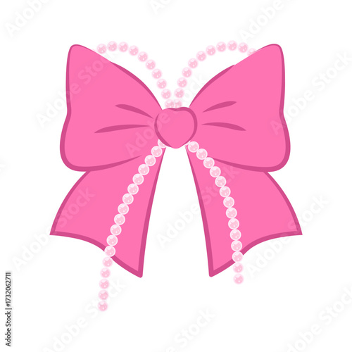 Vintage pink with pearl decorations. Vector element in Coquette aesthetic. Coquettecore bouffant bow