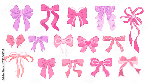 Set of vintage pink bows in Coquette aesthetic. Coquettecore, pearl and ribbon decorations, cute vector elements