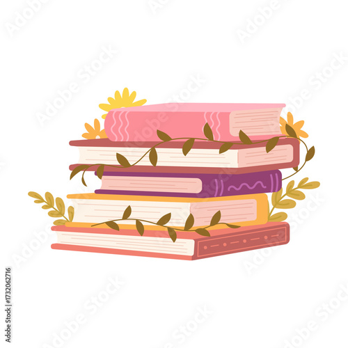 Stack of books with branches and green leaves. Blooming books, paper sheets with flowers. Flat vector illustration on white background