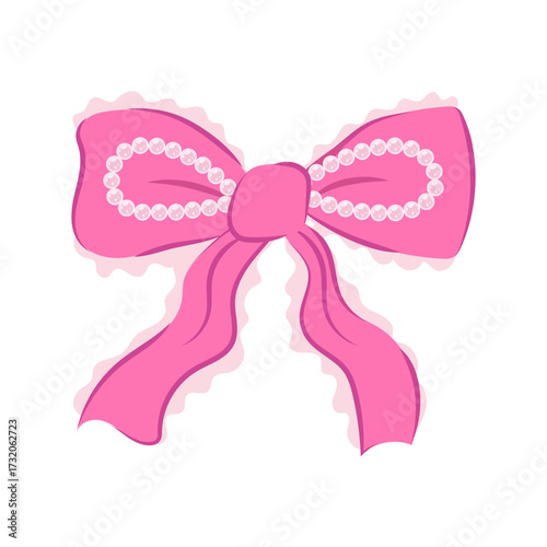 Vintage pink bow with pearl ribbon and ruffles. Vector element in Coquette aesthetic. Coquettecore bow