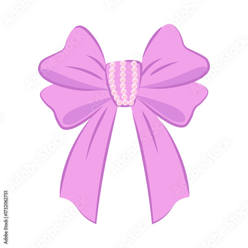 Vintage lilac bow with pearl decorations. Vector element in Coquette aesthetic. Coquettecore bow
