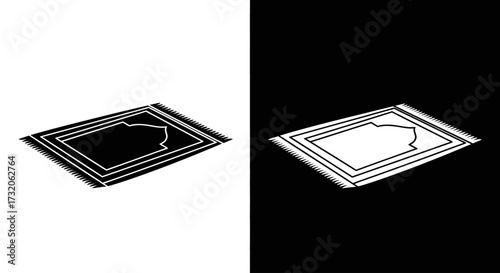 A simple black and white graphic illustration of an Islamic prayer rug on a split background.