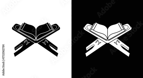 A minimalist icon of the holy Quran resting on a rehal, a traditional book stand, shown in black and white variations.