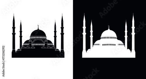 A graphic illustration of a grand mosque silhouette, presented in both black on a white background and its white inverse on a black background.