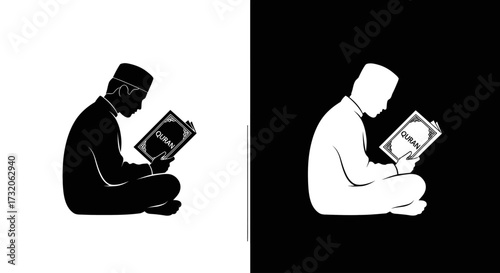A silhouette of a Muslim man sitting on the floor and reading the holy Quran in black and white.