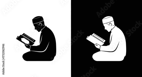 A Muslim man kneels in a prayer position while reading the holy Quran, shown as a black and white icon.