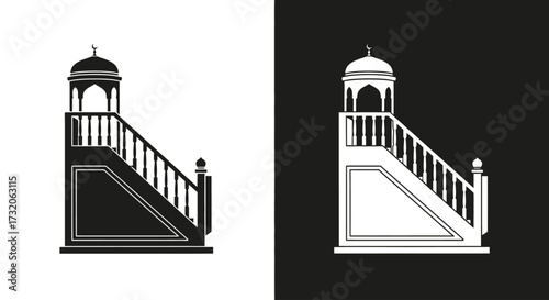 A black and white icon of a mosque minbar, the pulpit for sermons, shown in positive and negative space.