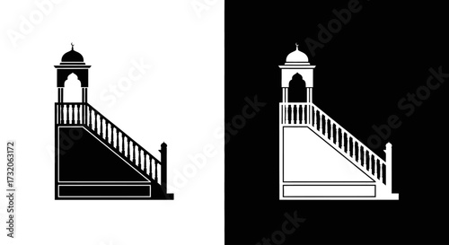 A black and white silhouette icon of a traditional Indian staircase leading to a domed pavilion.