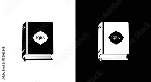 A split black and white graphic showing two versions of a holy book with the word Iqra on its cover.