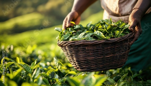 Hands of a person hold a basket of freshly picked green tea leaves in a sunny field