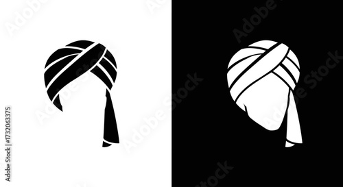 A minimalist graphic icon set of a traditional Indian pagri or turban in black and white versions.