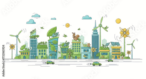 Sustainable Green City Skyline with Renewable Energy and Eco-Friendly Transport.