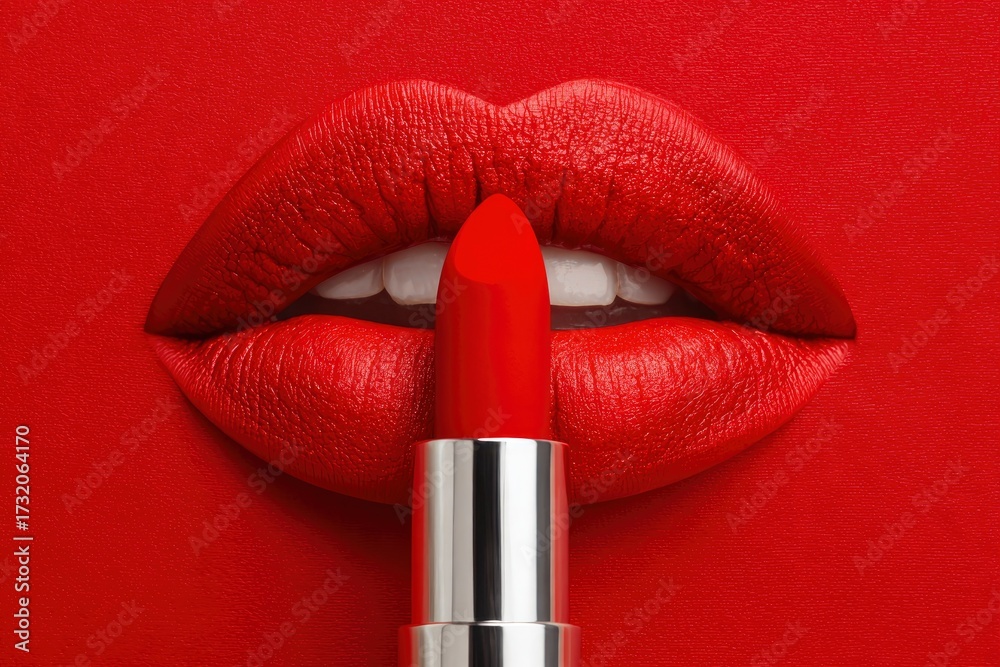 Obraz premium Red lips white teeth and a silvertubed red lipstick against a matching red backdrop
