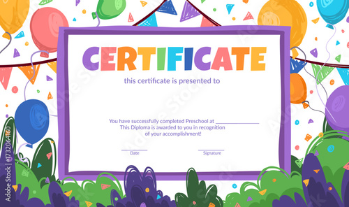Colorful school and preschool diploma certificate for kids and children in kindergarten or primary grades with doodle elements, crayon scribbles, chalk on background. Vector cartoon flat illustration