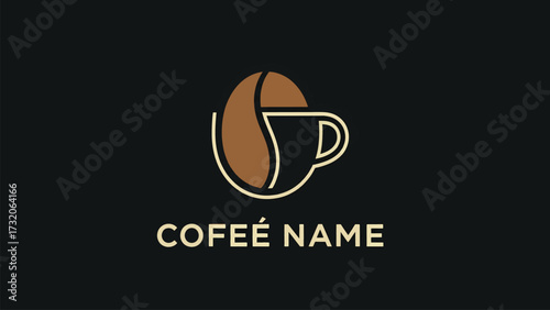 Minimalist logo design featuring a stylized coffee bean merging with a coffee cup, set against a dark background with text below.