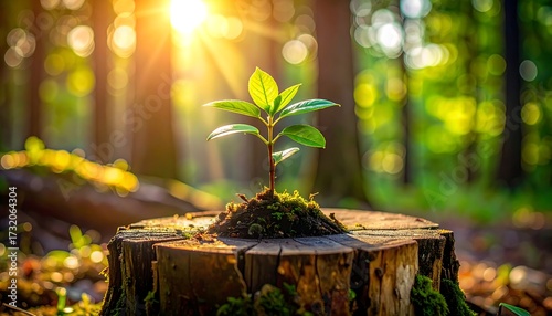 A young, vibrant seedling sprouts from a tree stump in a sun-drenched forest, symbolizing growth and renewal