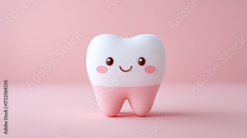 Smiling Cartoon Tooth in Pink and White with Soft Lighting on Pink Backdrop