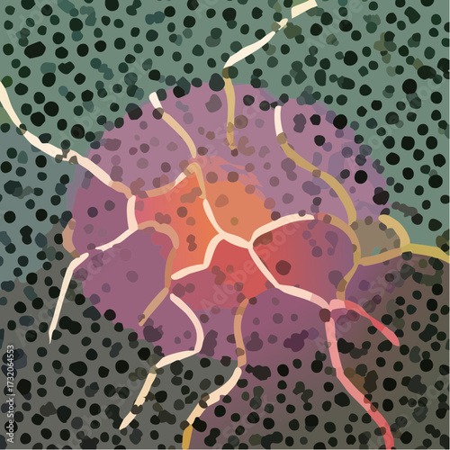A vibrant abstract digital illustration depicting a microscopic organism or cellular structure with flowing tendrils on a stippled background