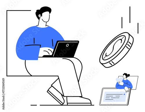 Man using laptop while large digital coin symbolizes online income. Woman appears on tablet screen. Ideal for remote work, digital economy, financial growth, freelancing, online job, e-commerce