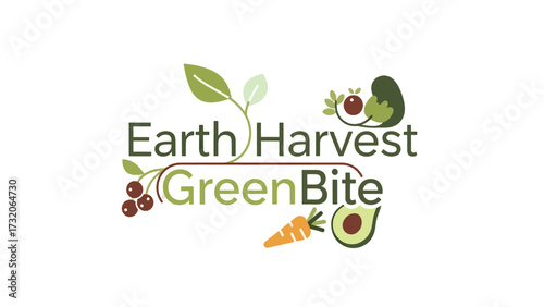 A logo for "Earth Harvest GreenBite" featuring stylized plant sprouts, berries, a carrot, and avocado halves, representing fresh, natural food.