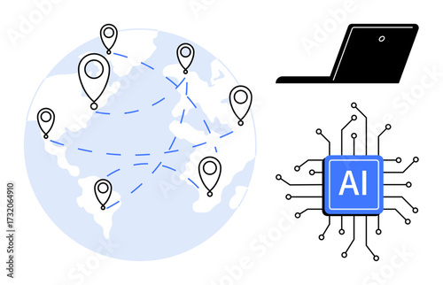 Globe with location markers connected by dashed lines, AI chip, and laptop represent worldwide networking, AI-driven innovation, technology, data flow, globalization, collaboration. Ideal for tech